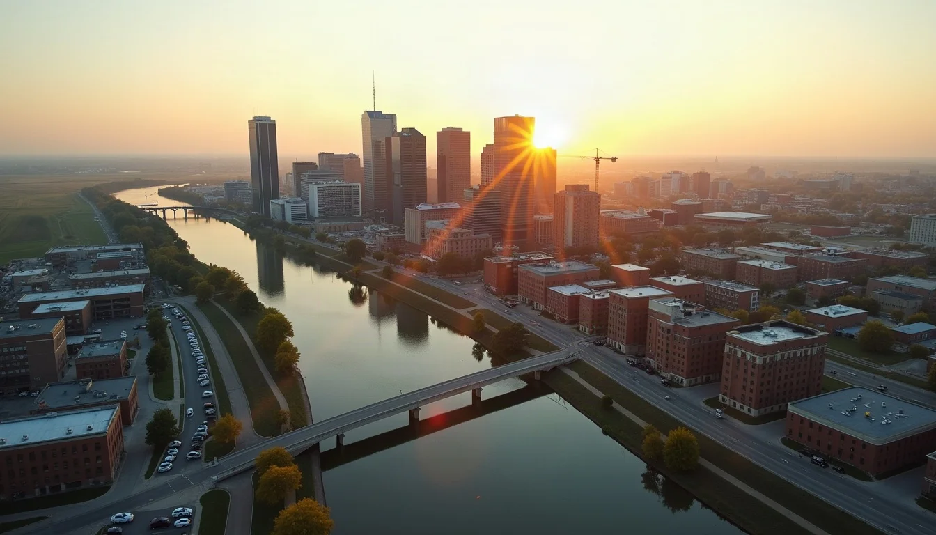 Aerial view of Des Moines, IA showing the local landscape and terrain relevant to aerial imaging operations